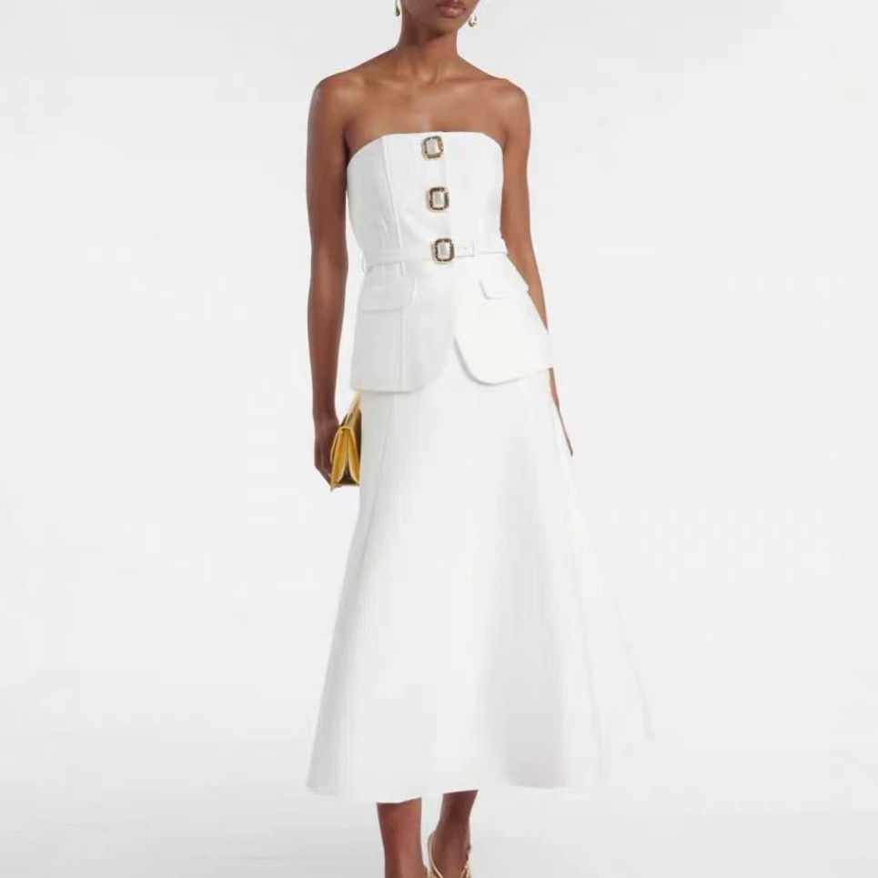 Women Formal Wear For Meeting - Conjunto de Top Cropped Sem Alças
