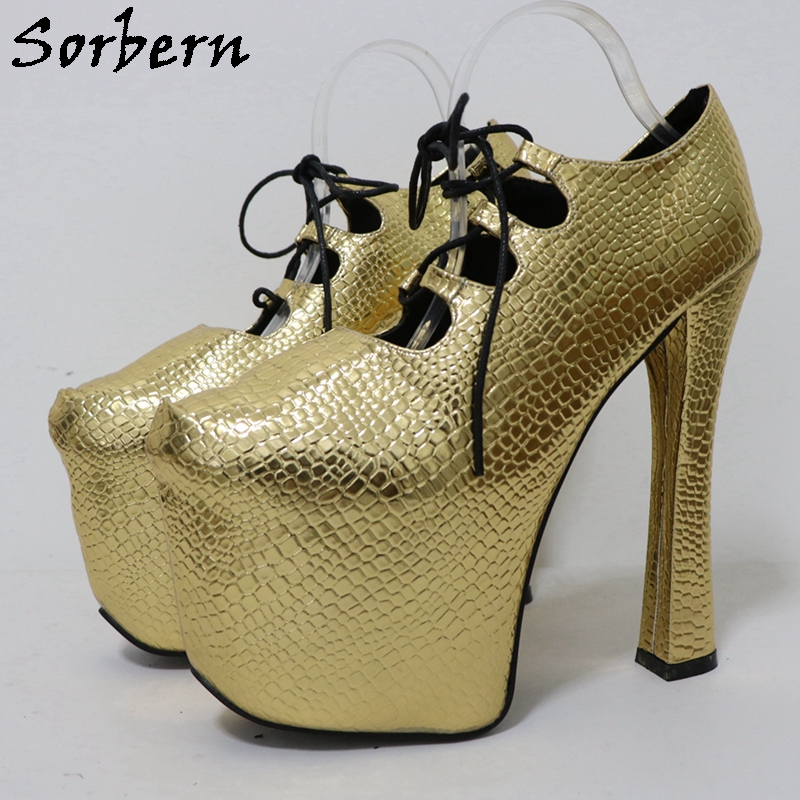 Pump Heel Block - Sorbern ouro crocodilo 20cm bomba unisex