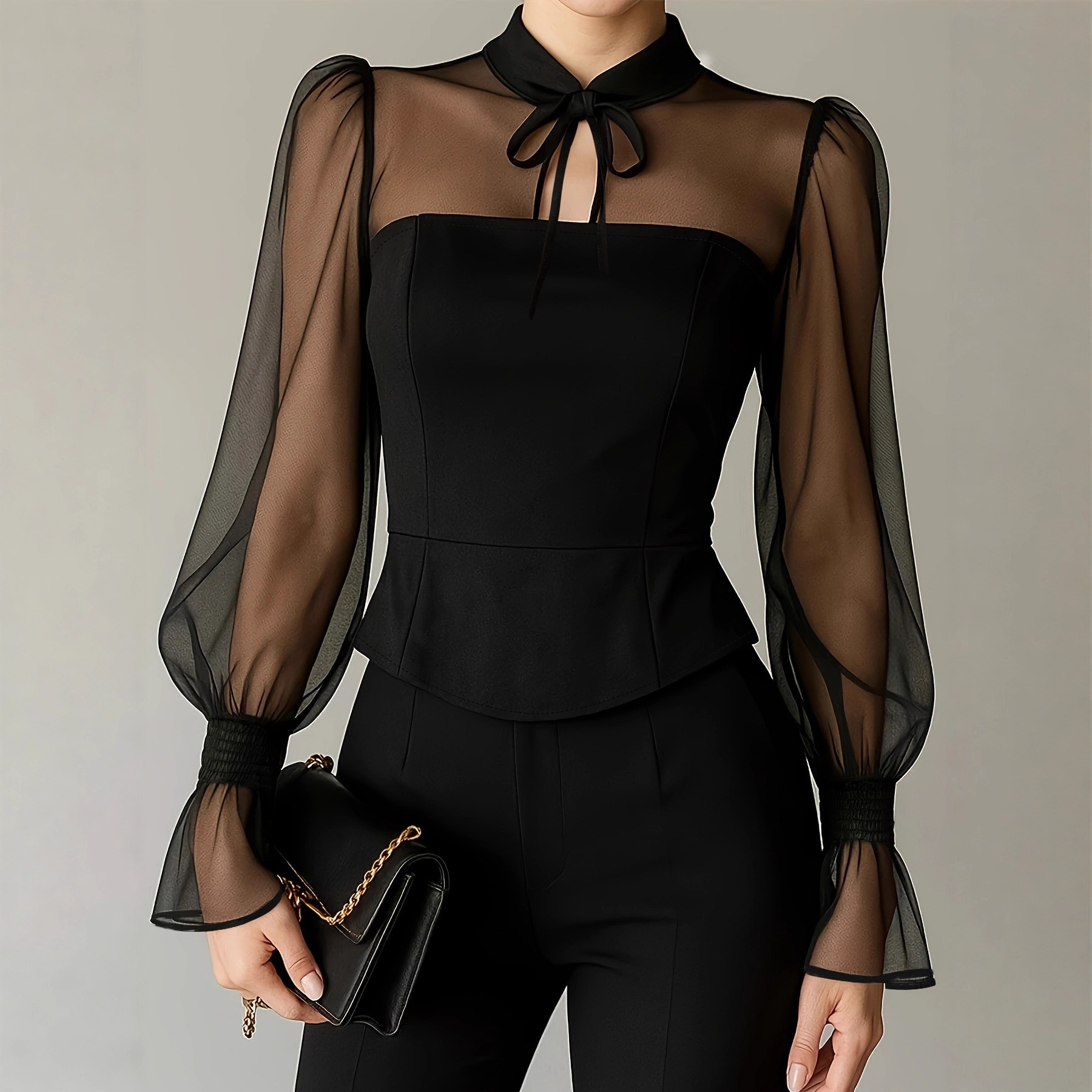 Women Formal Blouses For Evening Wear - Blusa Elegante com Manga Bufante para