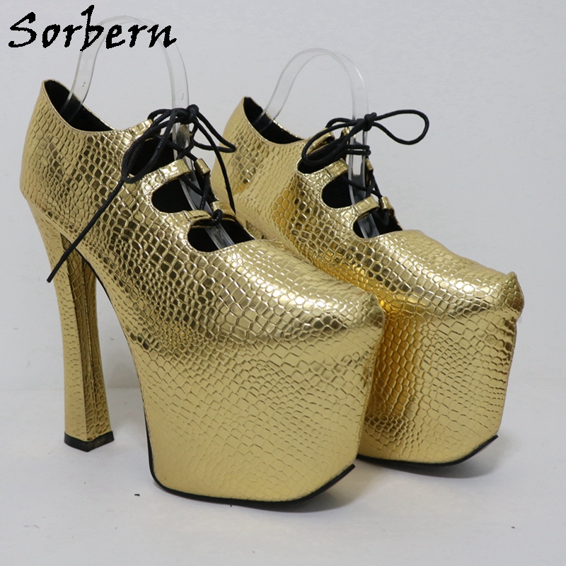 Sorbern ouro crocodilo 20cm bo - Pump Heel Block avaliação e preço