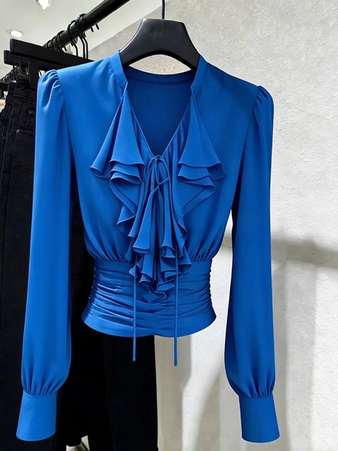 Blusa Azul Royal com Babados e - Women Formal Blouses For Evening Wear avaliação e preço