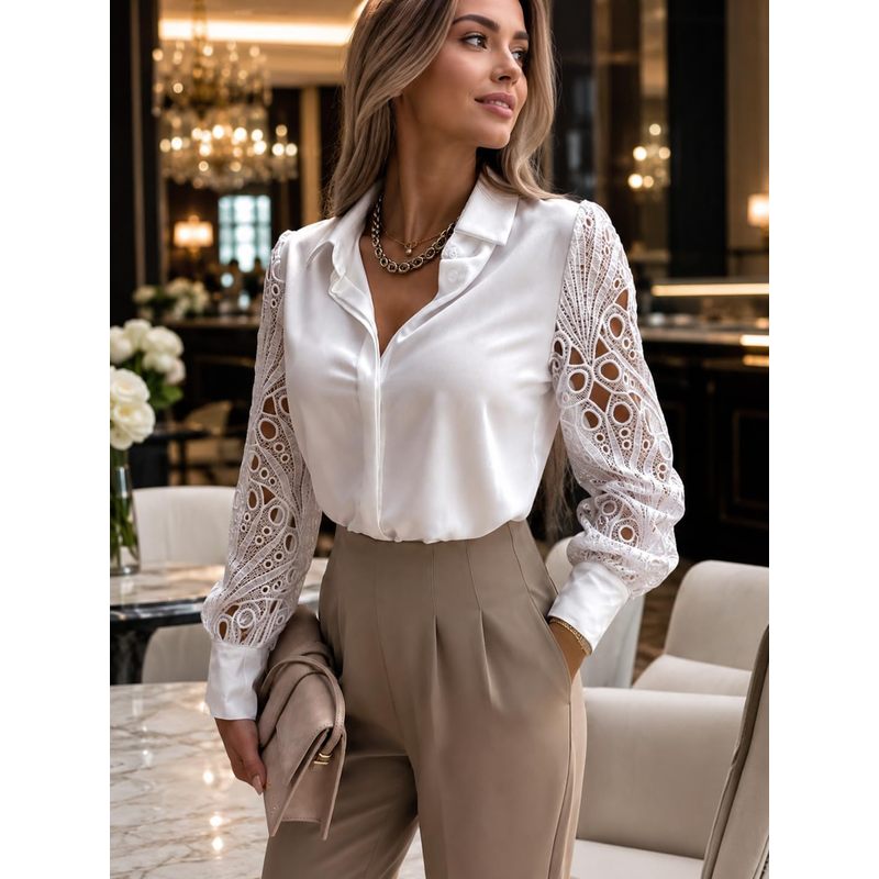Blusa de Cetim Feminina com Bo - Women Formal Wear For Meeting avaliação e preço